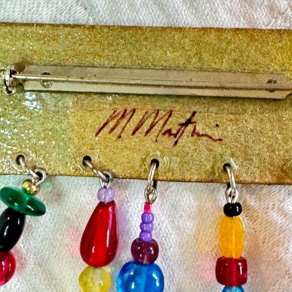 Colorful Rainbow and Jewel Hued Pin with Dangling Bead Curtain Artisan Signed - Picture 4 of 6